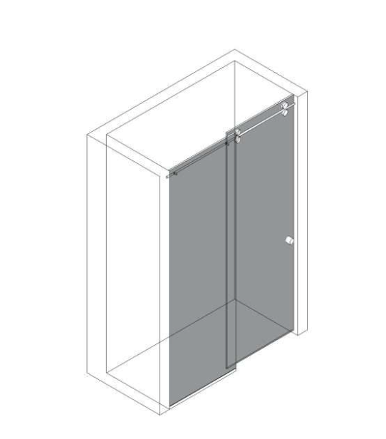 Isometric view of a shower enclosure with two sliding glass doors within a rectangular space.