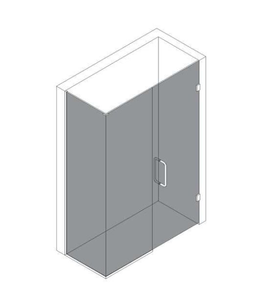 Isometric view of a glass shower enclosure with a door, handle, and a gray-colored backdrop.