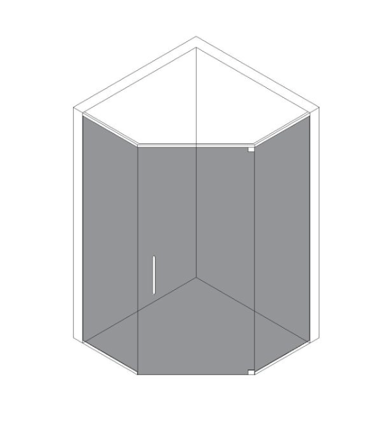 Isometric view of a gray glass corner shower with a door and white trim.