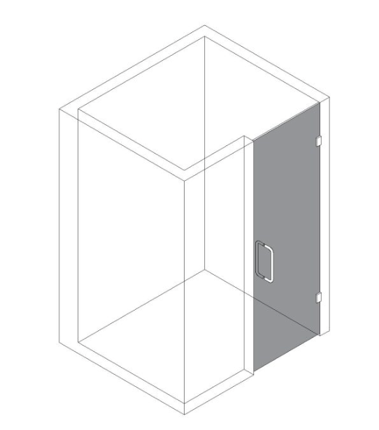 Isometric view of a shower stall with a single glass door and handle.