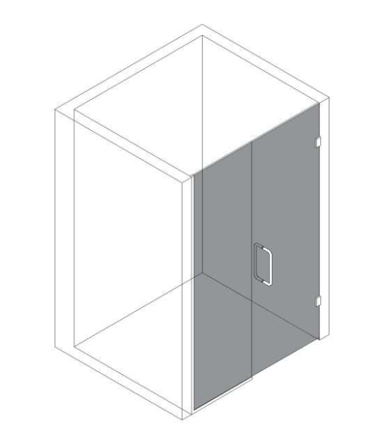 Isometric view of a shower stall with a glass door, half shaded in gray.
