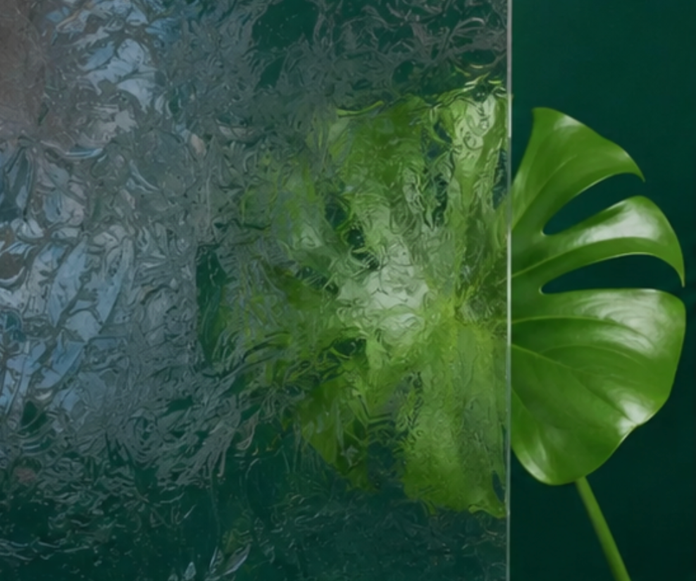 Split green leaf seen through textured frosted glass on a dark teal background.
