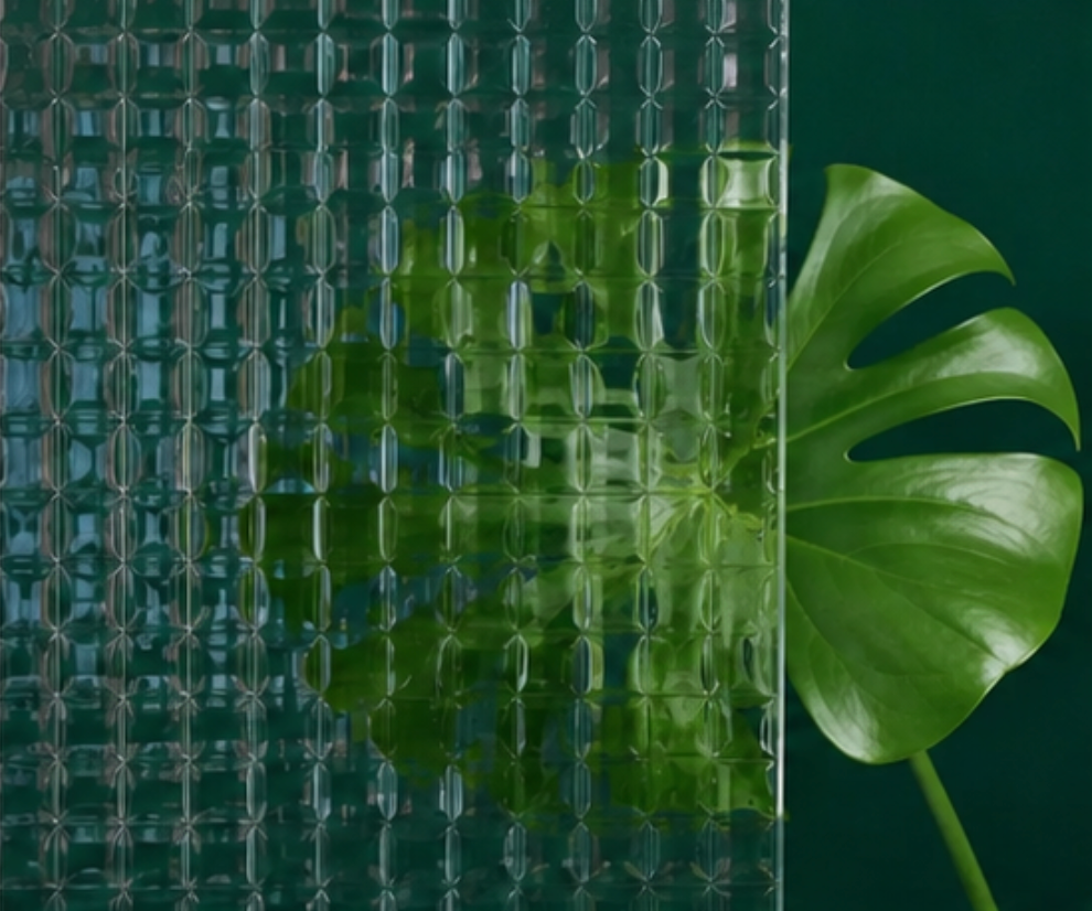 Green leaf behind textured glass on a dark green background