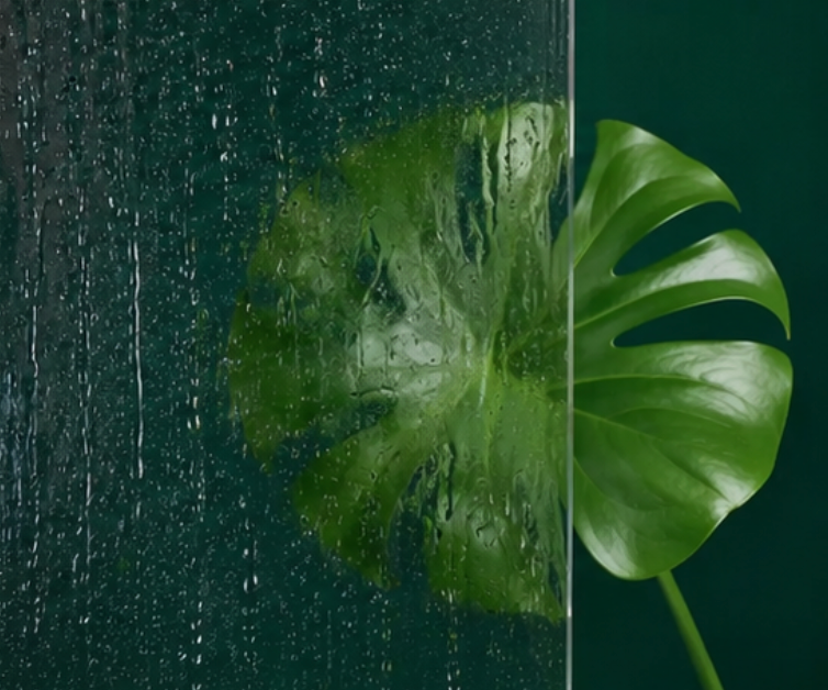Green monstera leaf behind wet glass with raindrops, split by a clear vertical seam