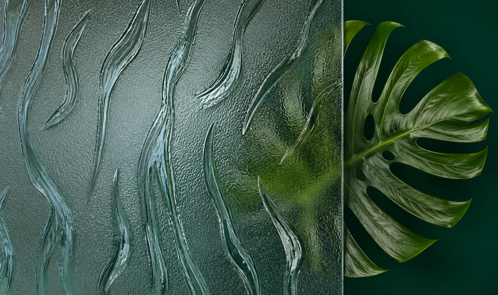 Textured frosted glass with a green monstera leaf on a dark green background