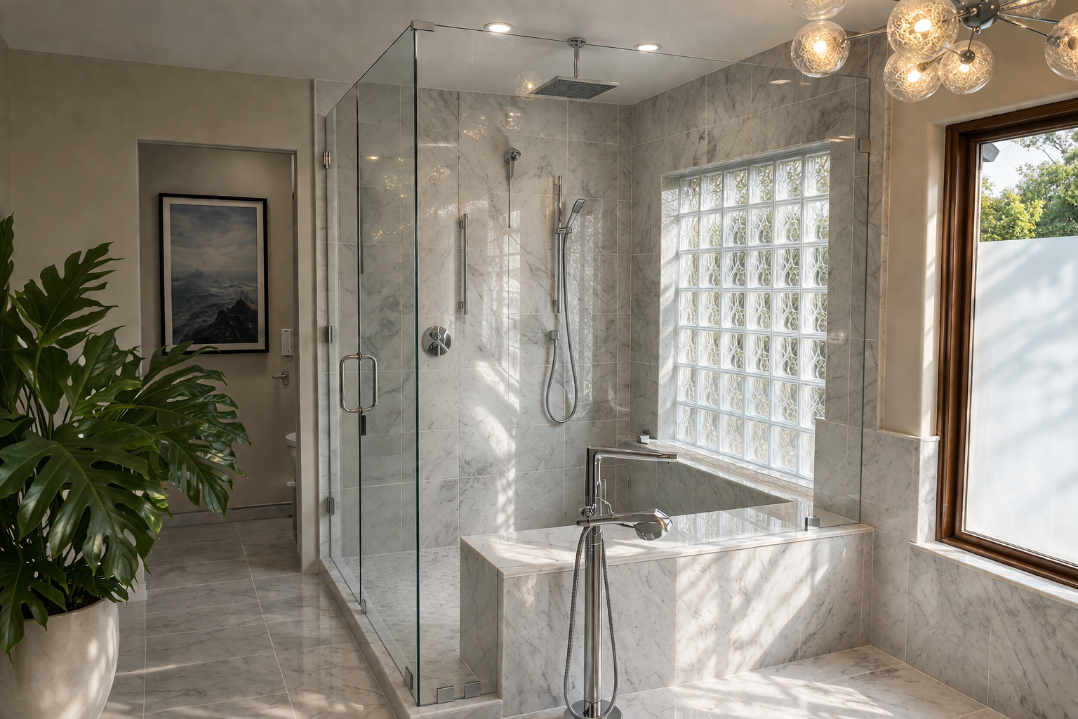 Modern bathroom with a glass shower, soaking tub, and large window in neutral tones