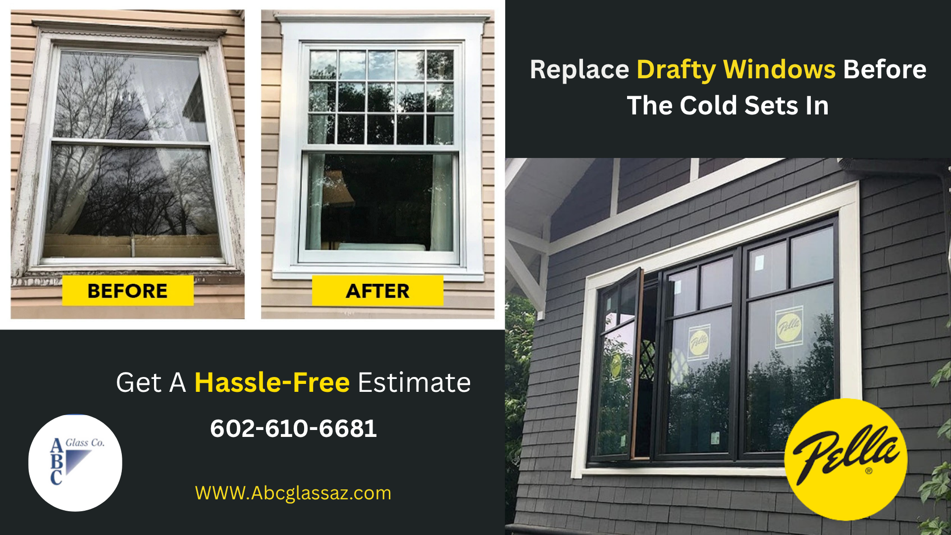 Before & after window replacement. Black & white Pella windows displayed on a home, marketing for window replacement.