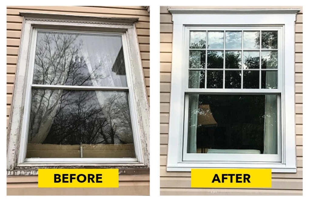 Before-and-after of a window: Old, weathered window replaced with a clean white window with decorative trim.