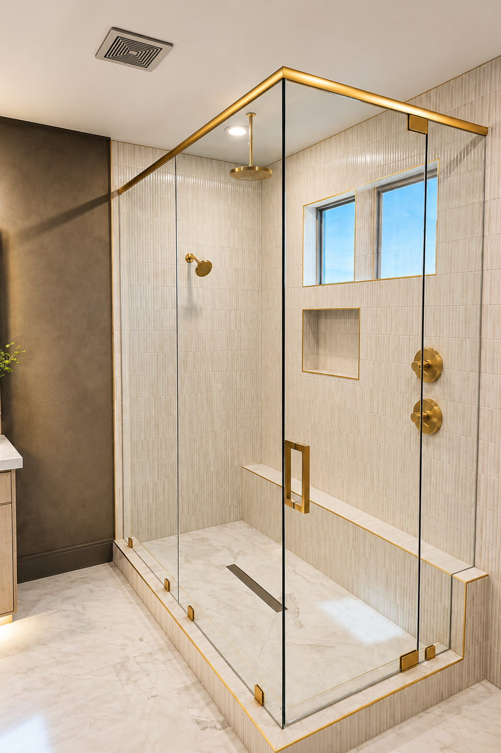 A luxury bathroom with a glass-enclosed shower featuring gold fixtures and a stone bench.