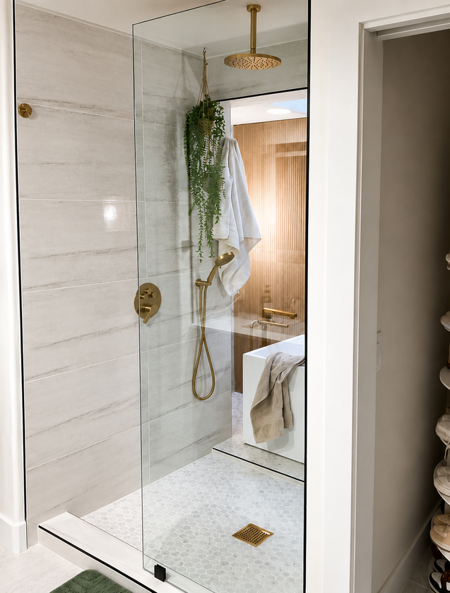Modern bathroom with glass shower, brass fixtures, white tile, and a view of a beige-curtained room through the door