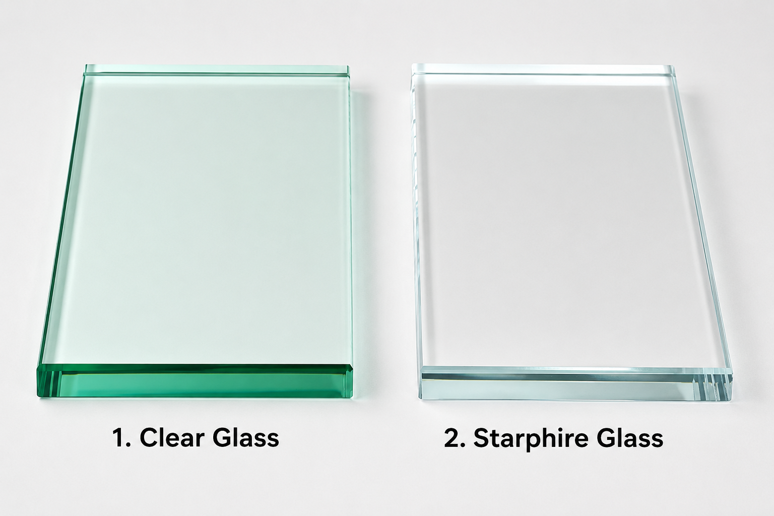 Two glass panels side by side: clear glass on left, Starphire glass on right.