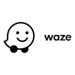 Waze app logo: smiling white ghost-like figure with black wheels and text