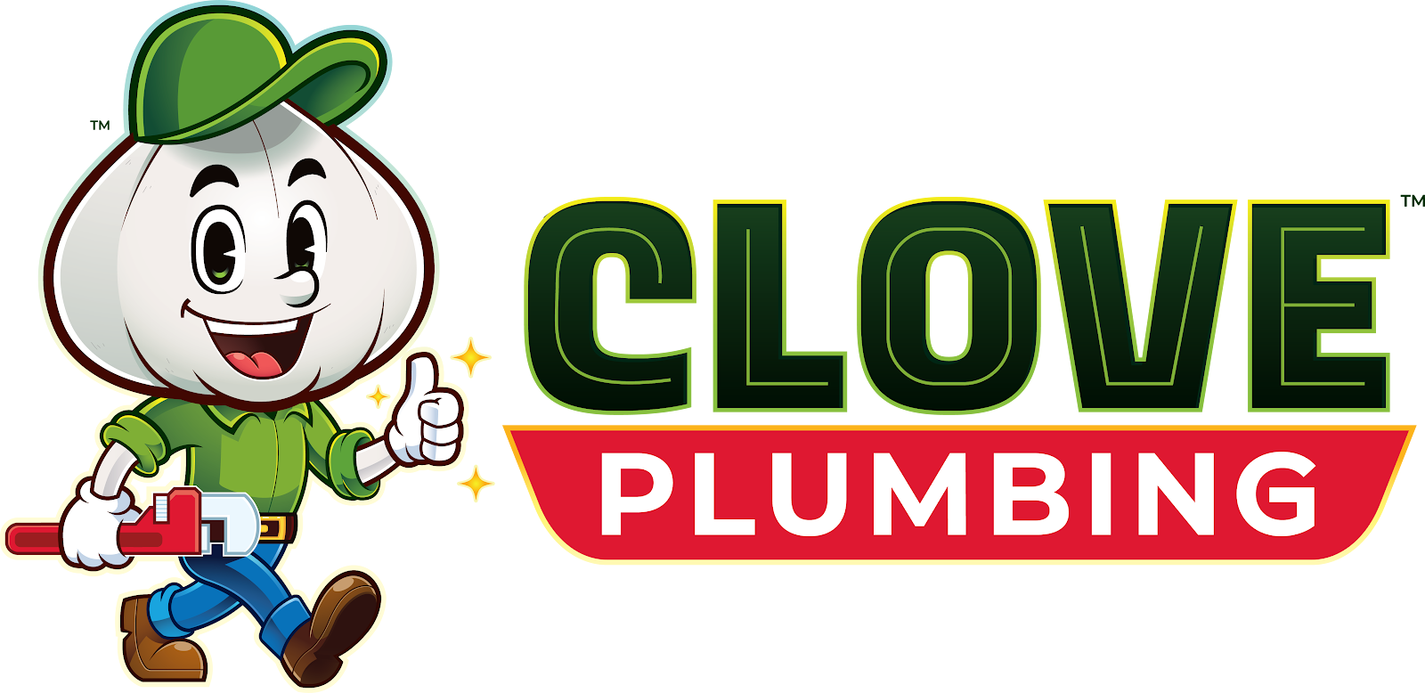 Clove Plumbing logo with smiling cartoon plumber in green cap and red overalls