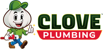 Clove Plumbing logo with smiling cartoon plumber in green cap and red overalls