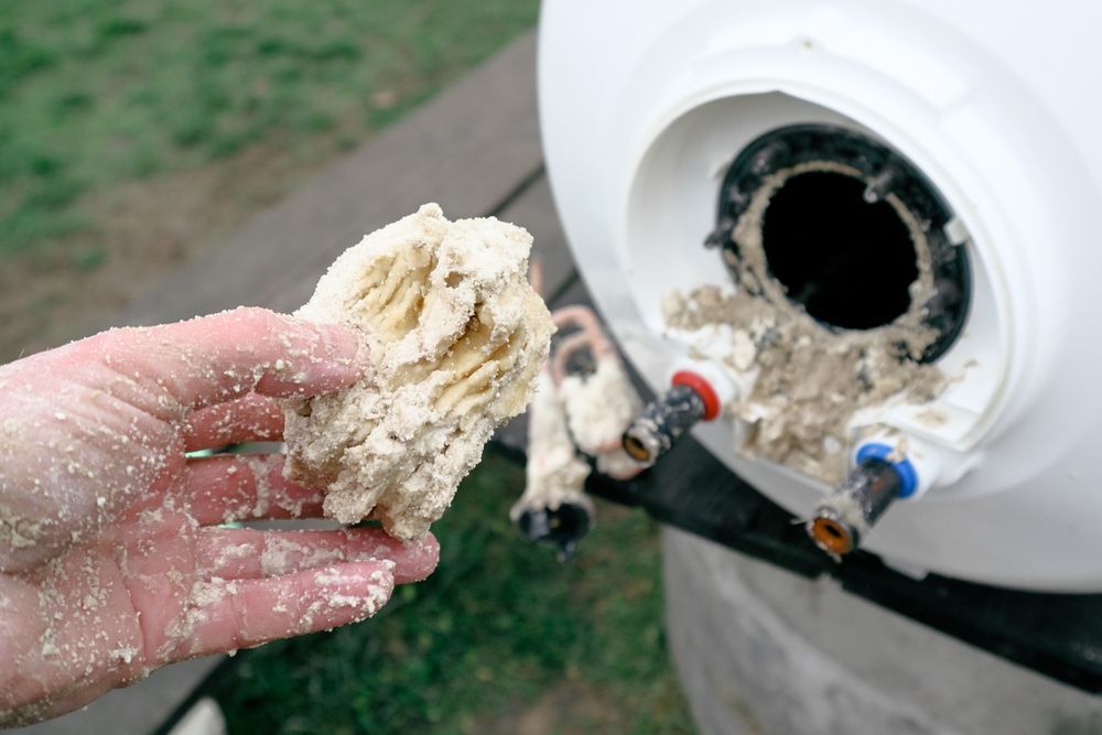 Hand holding a clump of dirty insulation near an open white water heater with exposed pipes