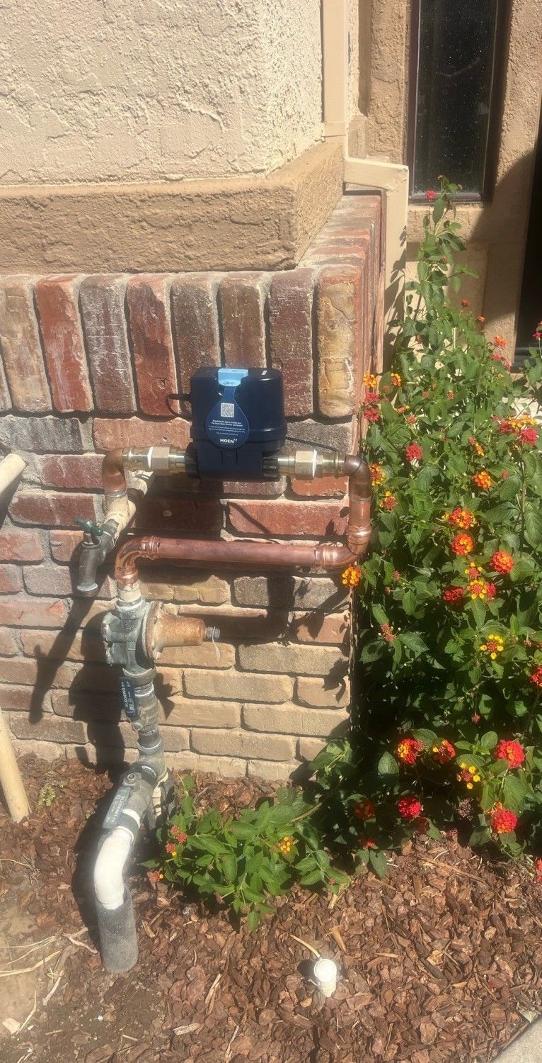 Blue utility meter on brick wall beside a garden bed with flowers and exposed pipes