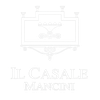 Logo minimalista bianco per Il Casale Maccini con un edificio stilizzato e un carro trainato da cavalli.