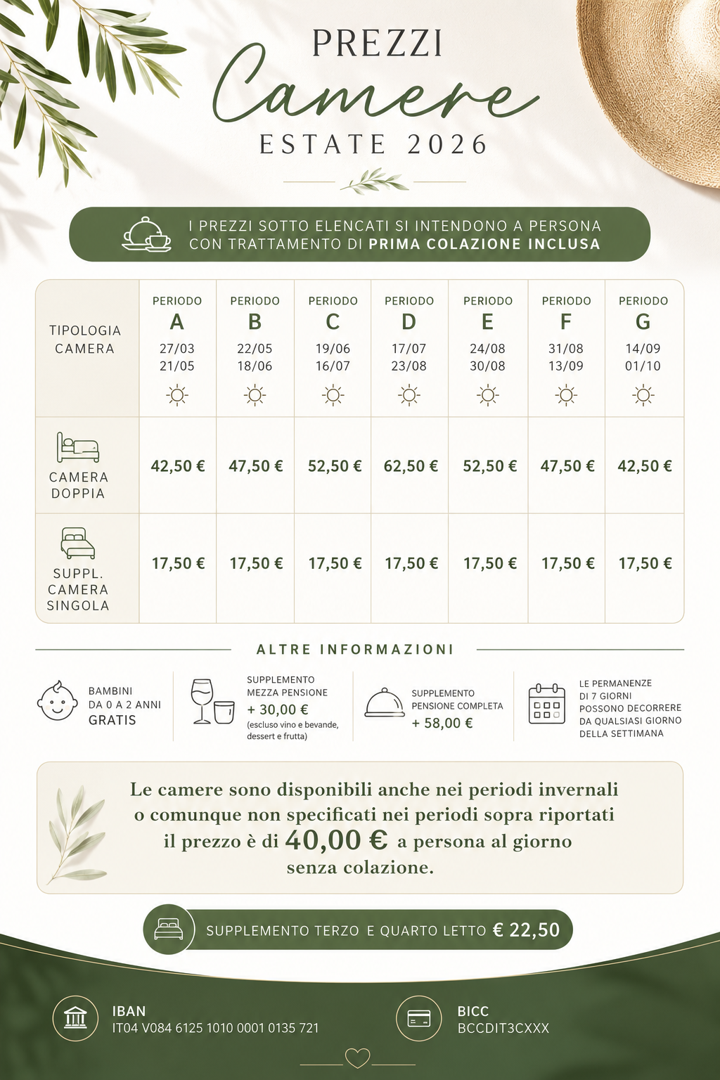 Listino prezzi di Camere Estate 2026 con grafica botanica bianca e verde.