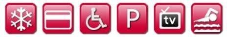 Icone di accessibilità in quadrati rossi: fiocco di neve, segno meno, sedia a rotelle, parcheggio, TV e piscina.