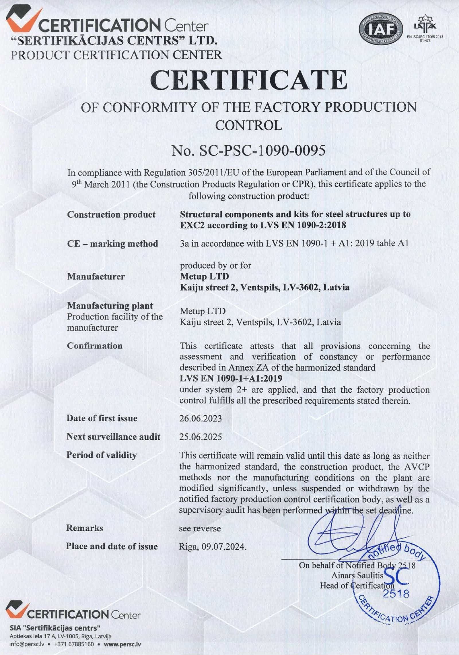 Certificate of Conformity of Factory Production Control. Company logo, text, and stamp are visible.