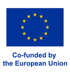 European Union flag, blue with 12 gold stars in a circle, and text