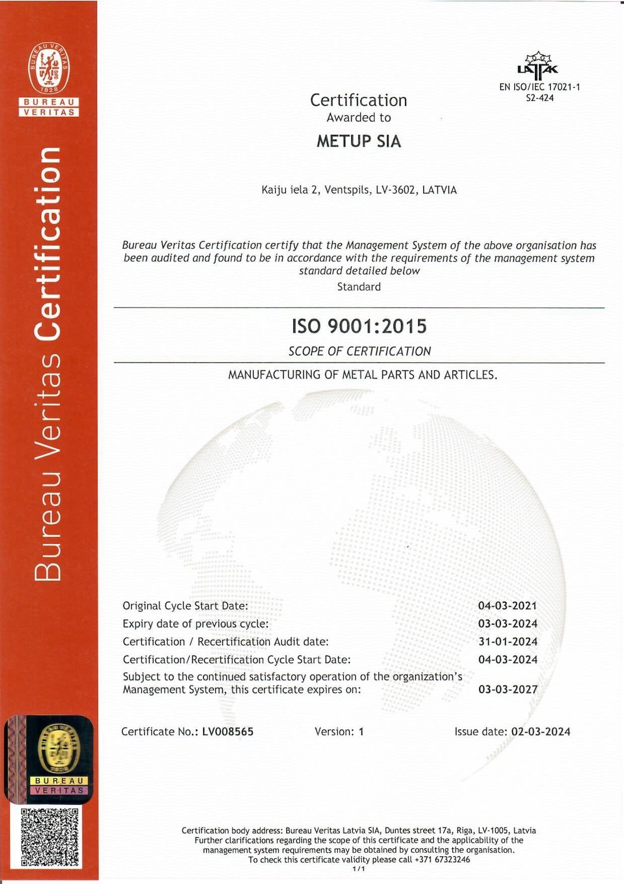 ISO 9001:2015 Bureau Veritas certification for manufacturing metal parts and articles.