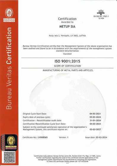 ISO 9001:2015 Bureau Veritas certification for manufacturing metal parts and articles.