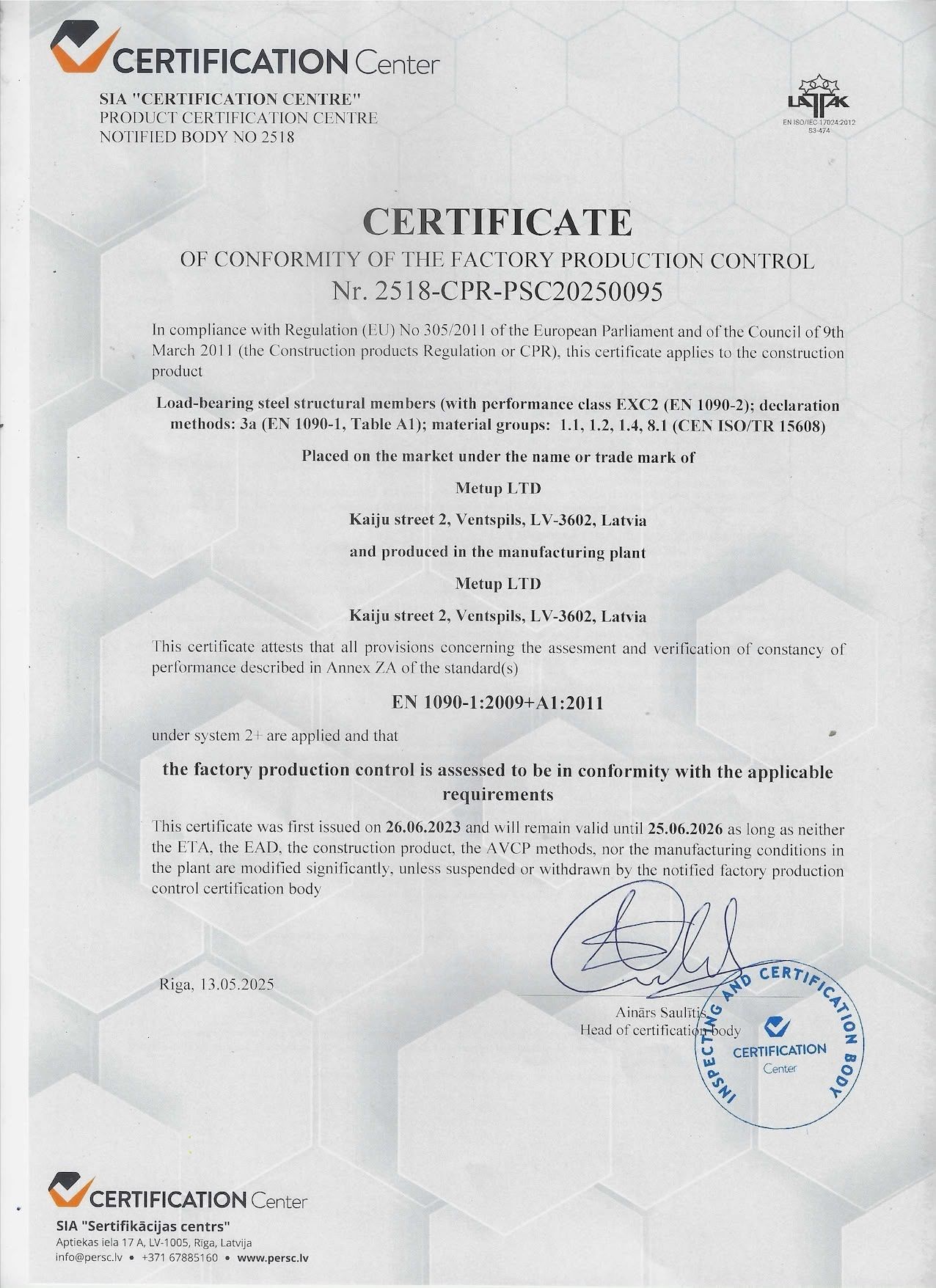 Certificate of Conformity for Factory Production Control from Certification Center.