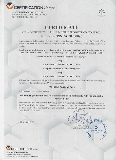 Certificate of Conformity for Factory Production Control from Certification Center.