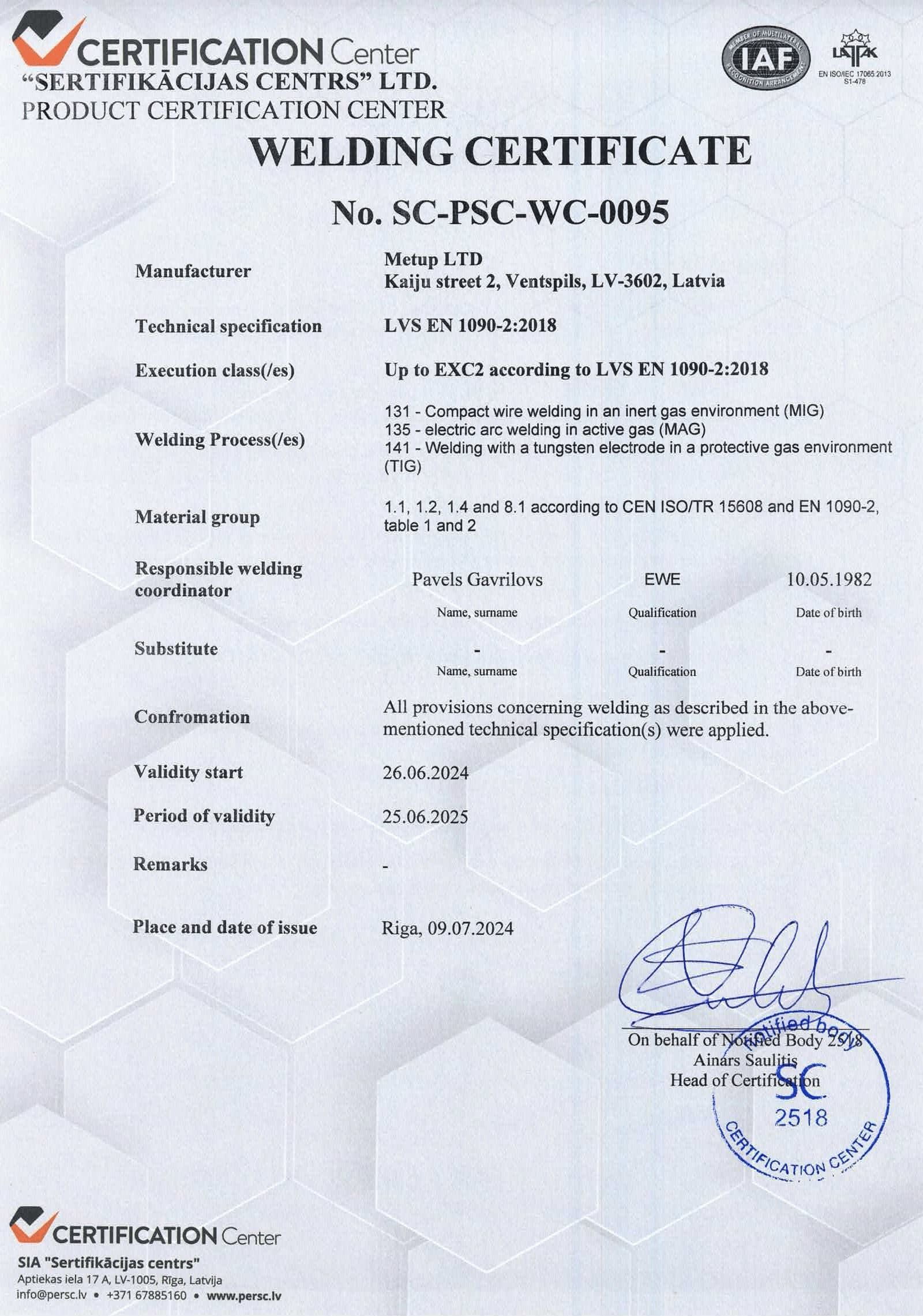 Welding certificate with text, logos, and a signature, issued by the