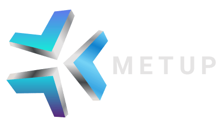 Logo for Metup: Three dimensional blue and silver chevrons radiating outward, with