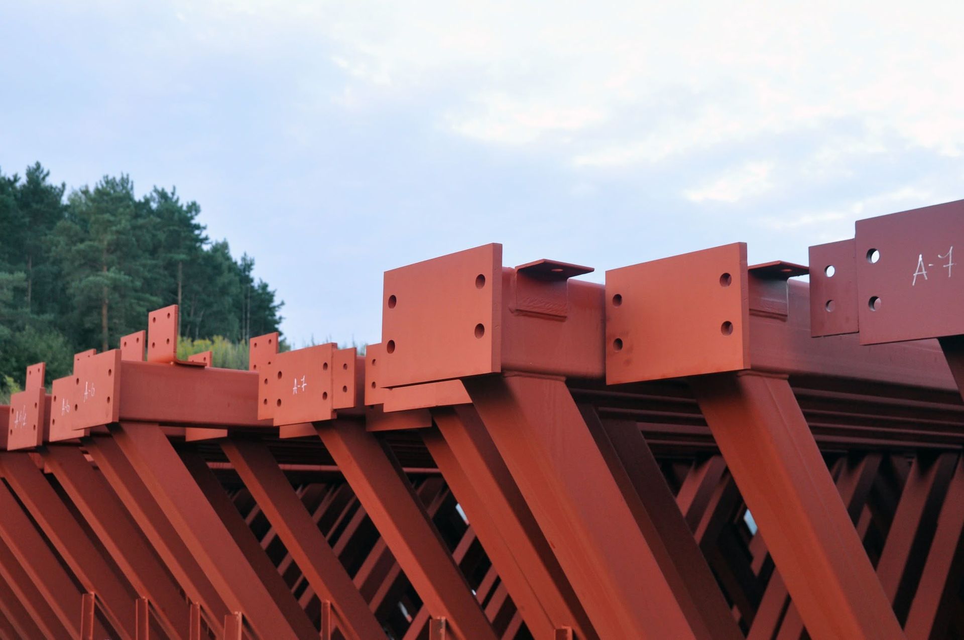 Red metal bridge framework, bolts visible, sky and trees in the background.