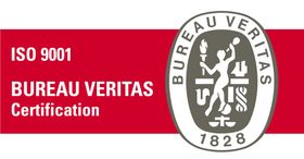 ISO 9001 Bureau Veritas Certification logo on red background; grey and white oval with figure and text.