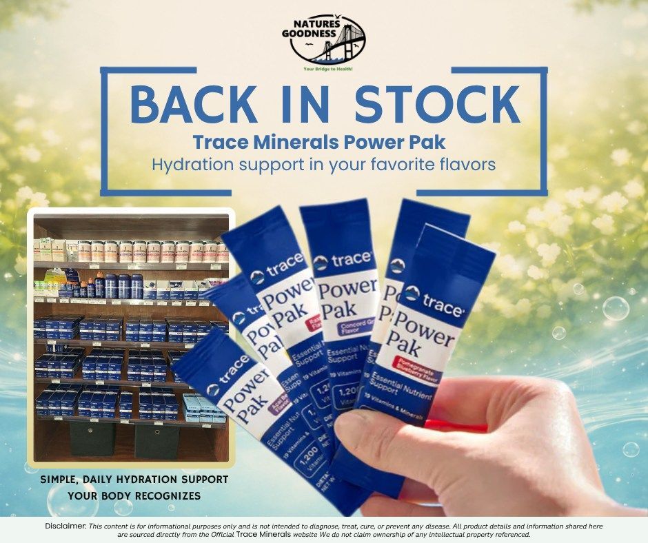 Back in stock poster showing Trace Minerals Power Pak hydration packets held in front of store shelves