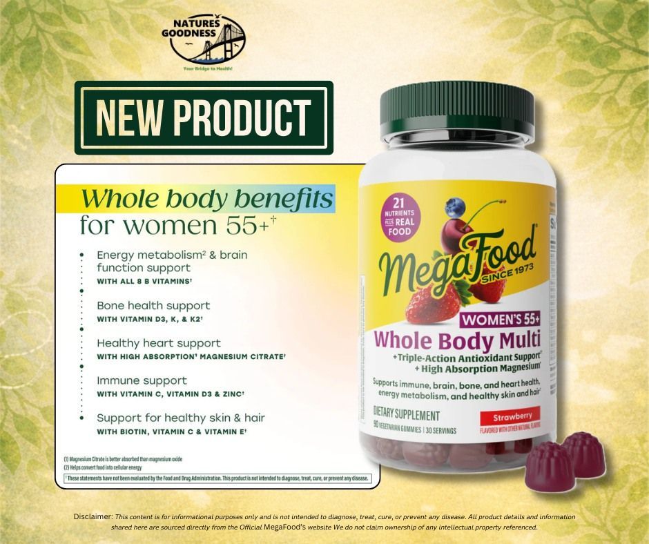 MegaFood Women’s 55+ Whole Body Multi supplement bottle with “New Product” banner and benefits list on beige background