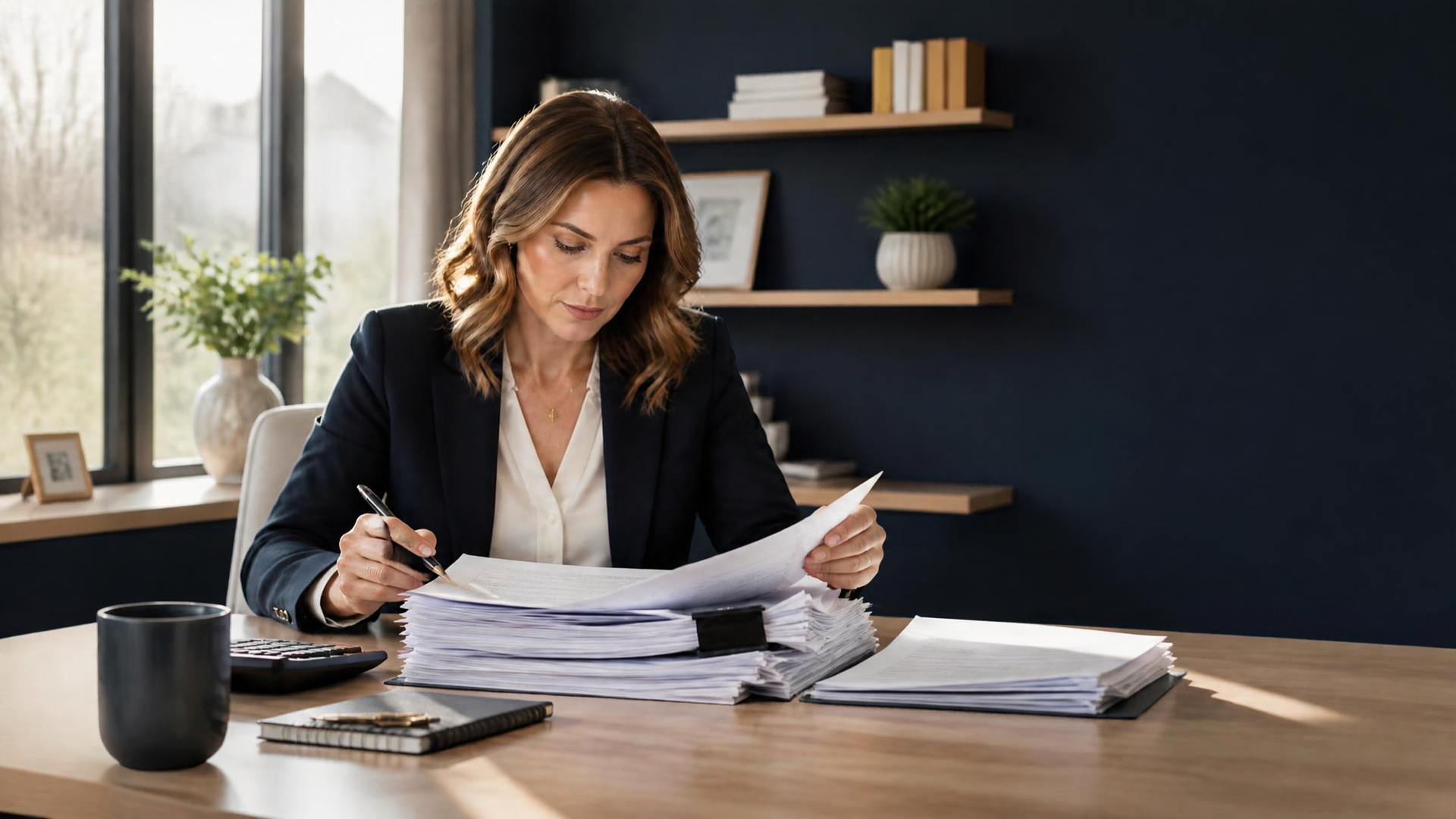 Mortgage professional at a desk reviewing a stack of bank statements and loan documents, pen in hand
