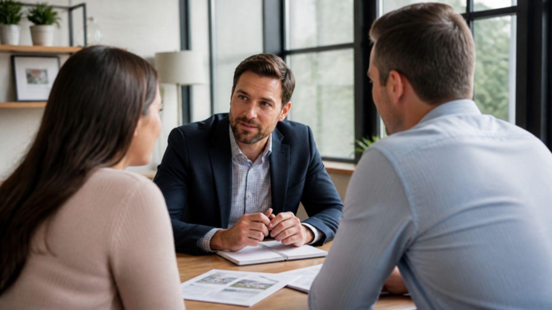 Loan officer at a desk in a bright office leaning in to listen to two clients, notepad in front