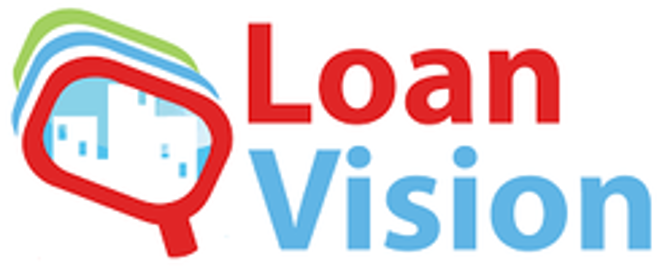 Loan Vision logo with red and blue text and a stylized red speech bubble icon