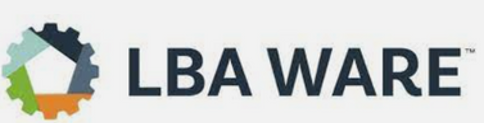 LBA Ware logo with dark blue text and a multicolored gear icon on a light background