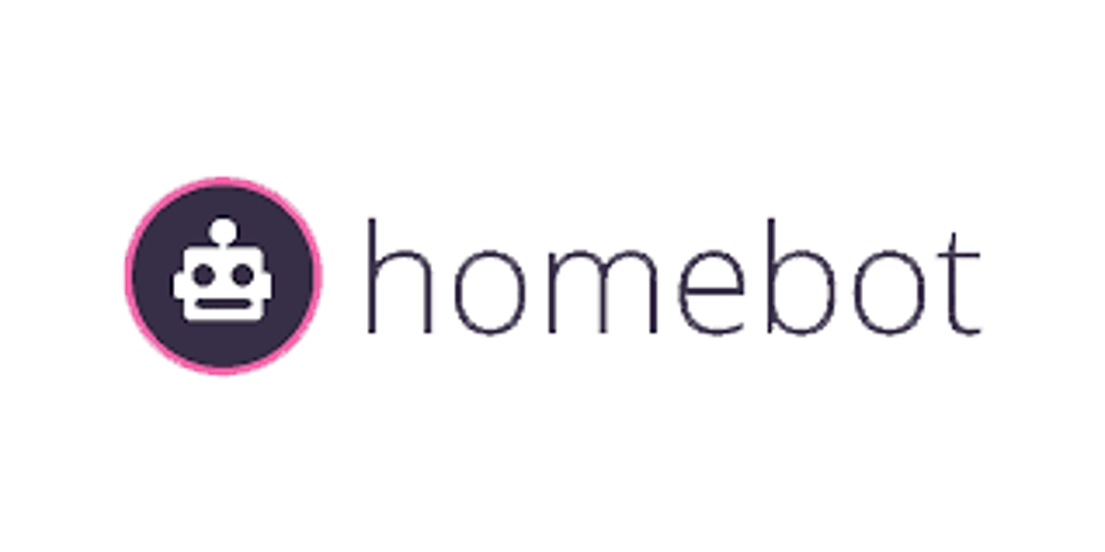 Homebot logo with a white robot icon in a dark circle and pink accent next to gray text