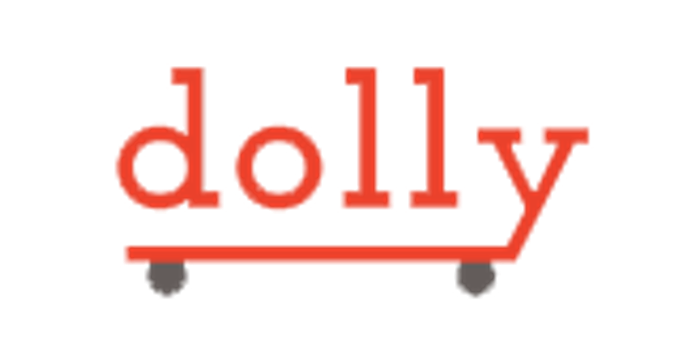 Red lowercase “dolly” text on a white background, with a red line and small gray dots beneath.