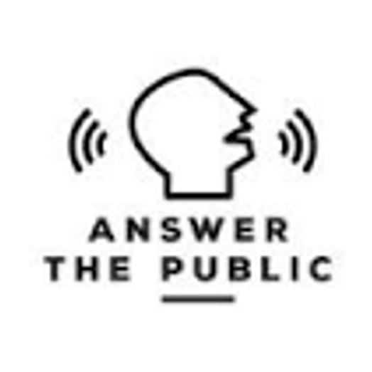 Black Answer the Public logo with a speaking head and sound waves on white background