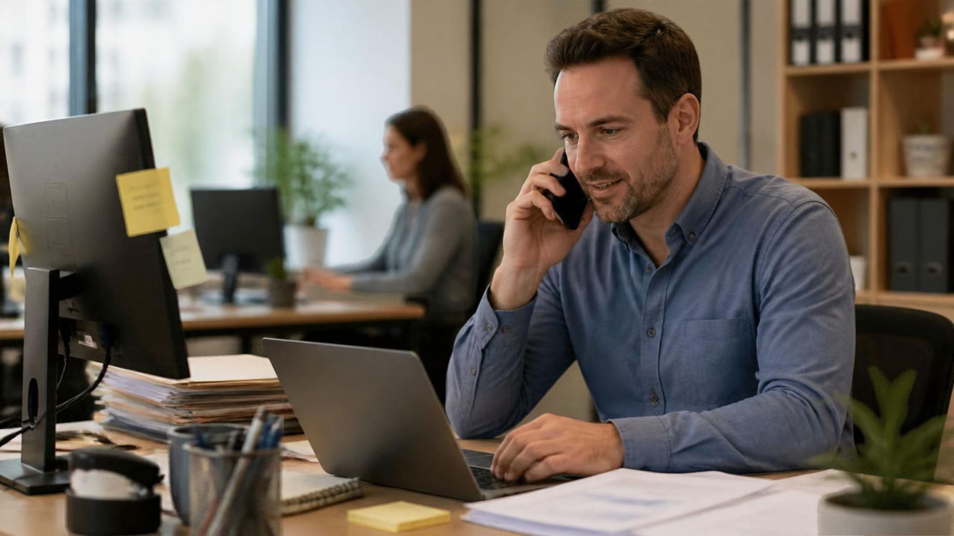 Loan officer at a busy office desk on a phone call, laptop open, with stacks of file folders and sti