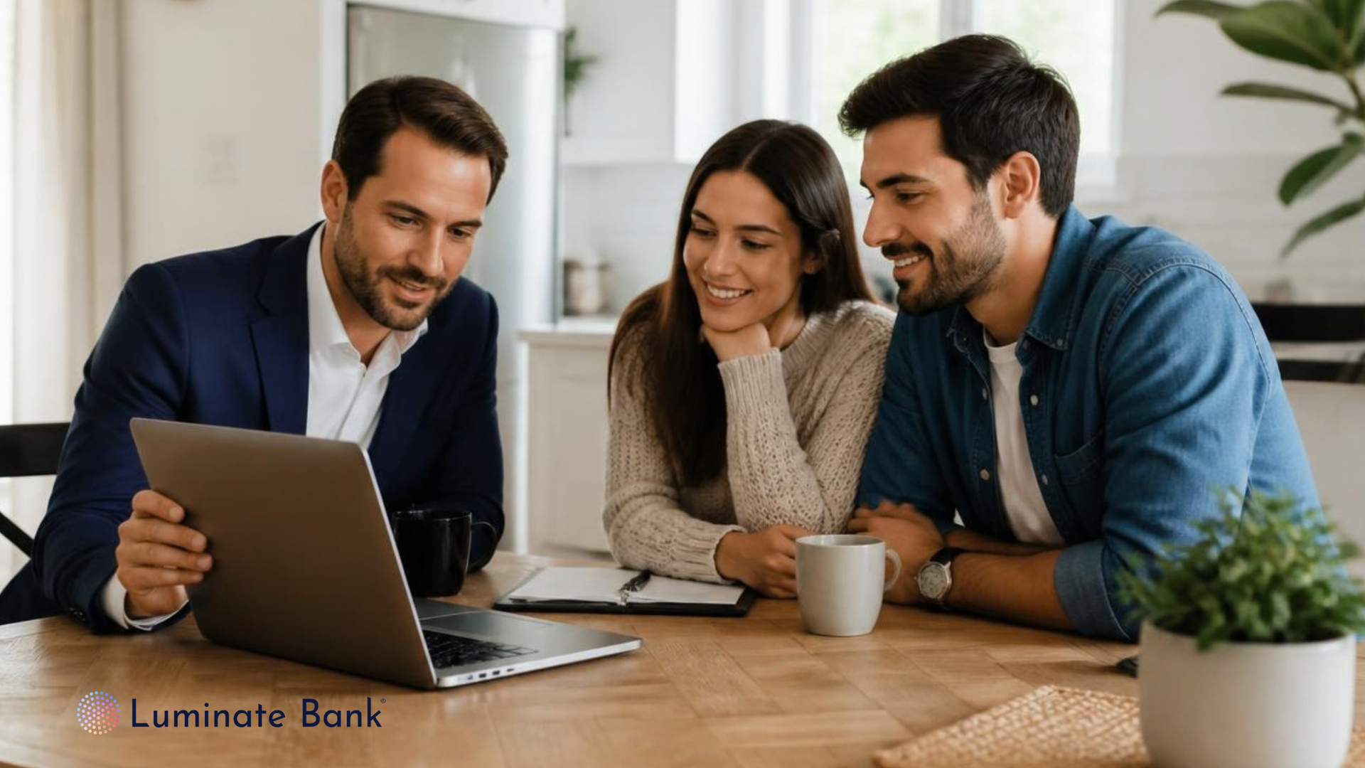 Loan officer showing a young couple payment numbers on a laptop at a kitchen table
