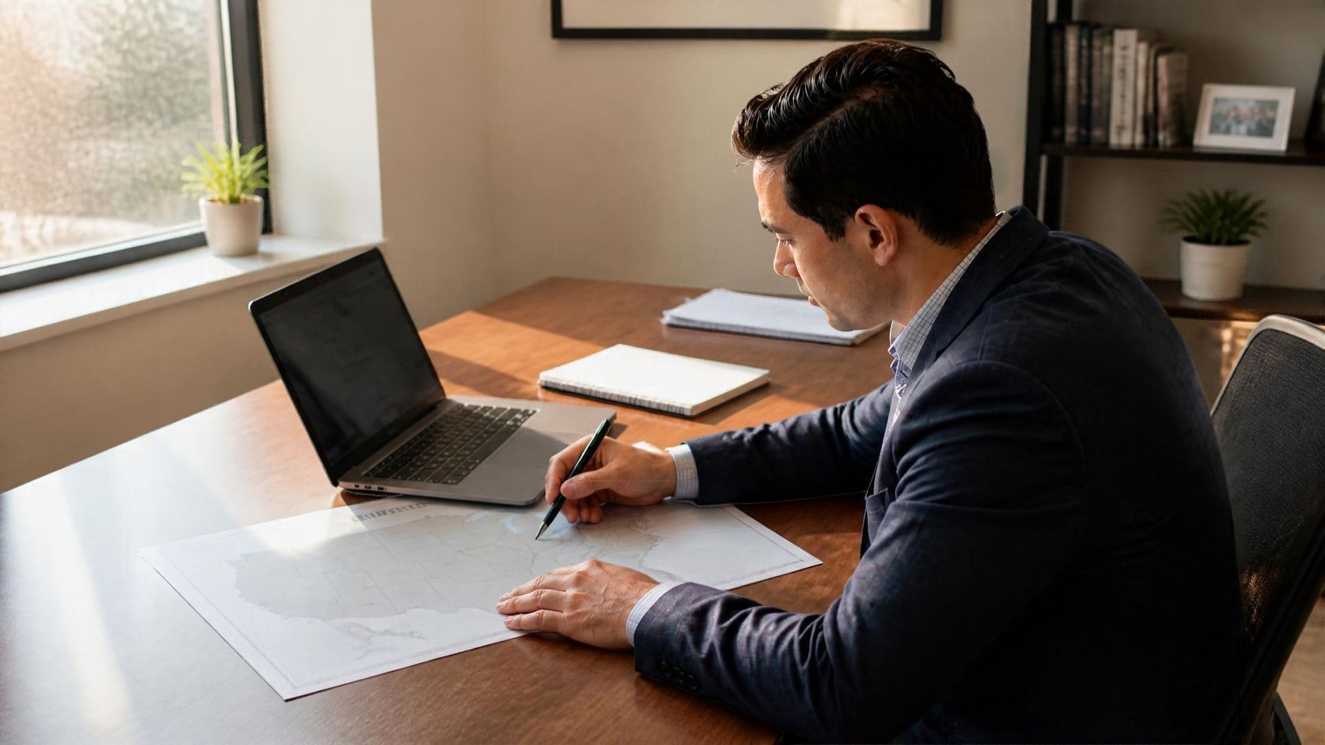 Professional at a desk studying a wall map of the United States, with a laptop and notebook open.