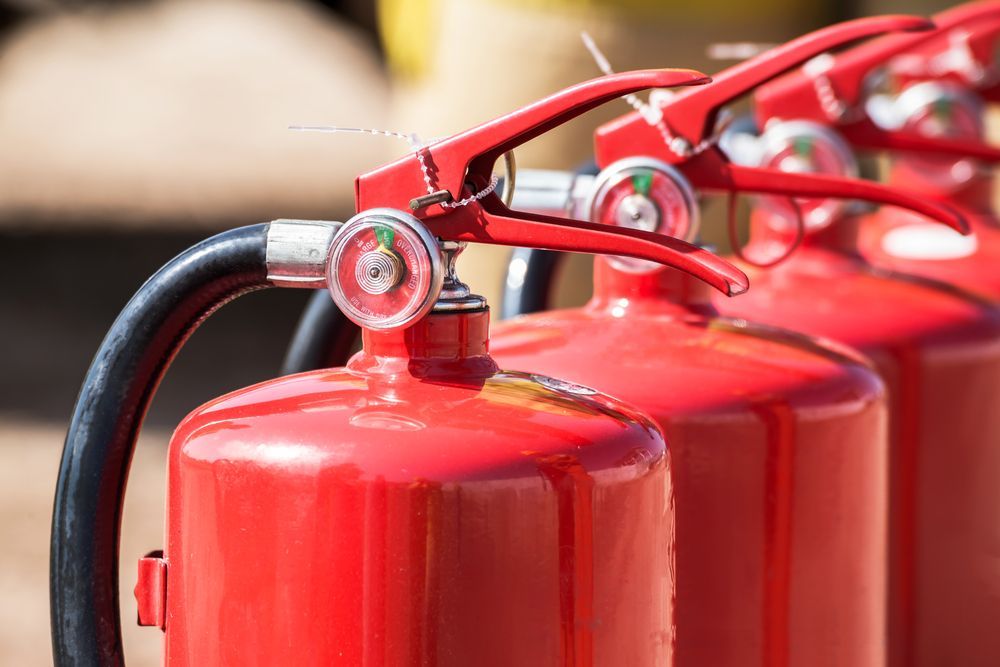 Row of Red Fire Extinguishers With Black Hoses, Handles Visible — Industry Fire Services in Gold Coast, QLD