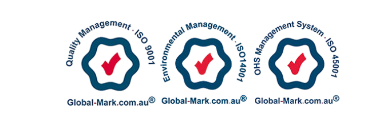 Three ISO-style certification logos in blue and red, with Global-Mark.com.au text beneath each.