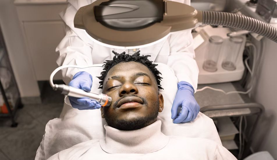 A man is getting a facial treatment in a beauty salon.