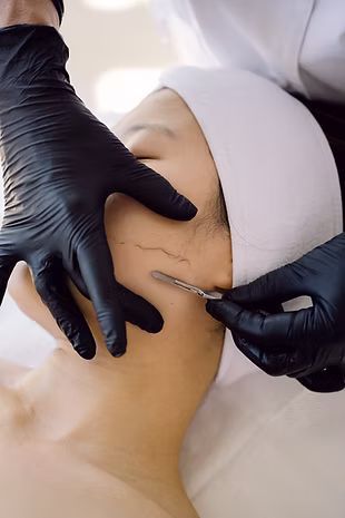 A person wearing black gloves is shaving a woman 's face with a razor.