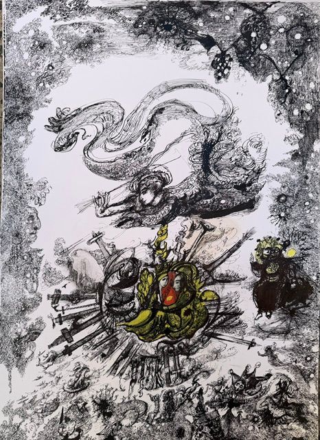 A painting of birds and flowers on a white background.